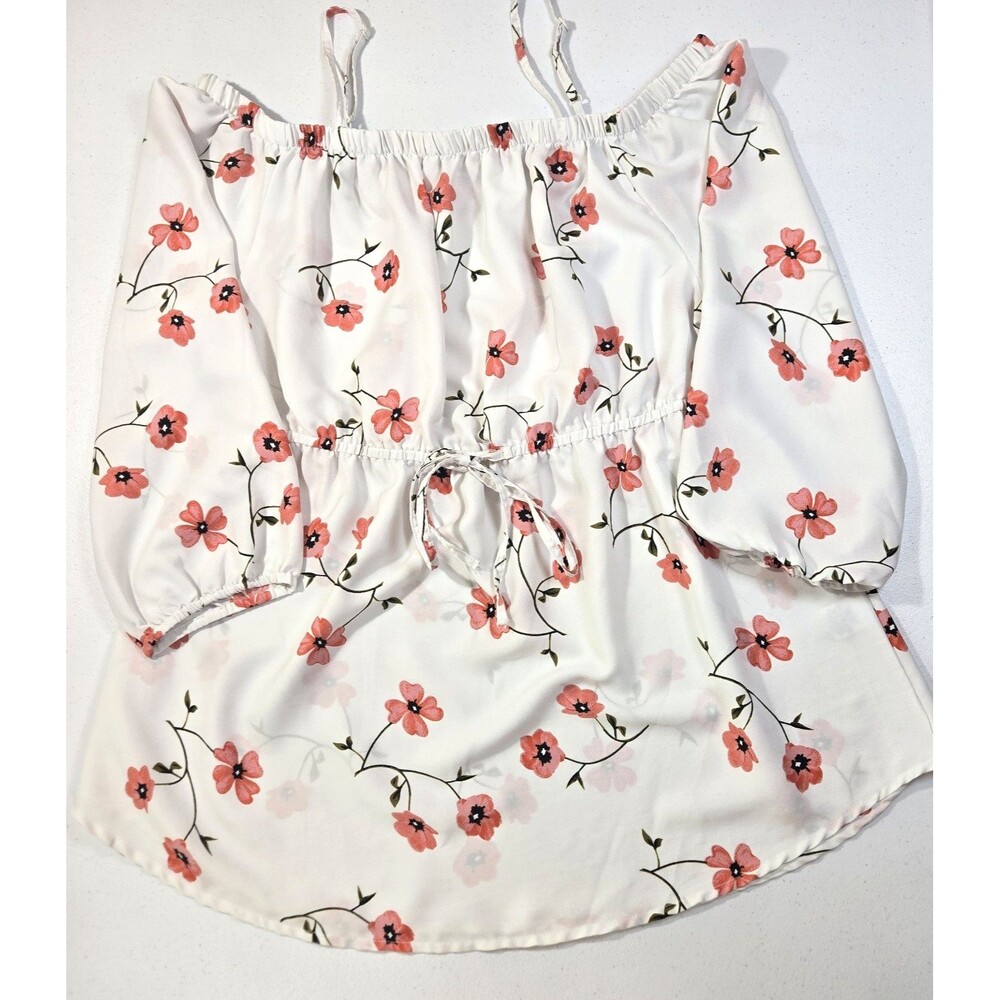 Blush White Floral 3/4 Sleeve Square Neck Peasant Blouse Pullover Size XL